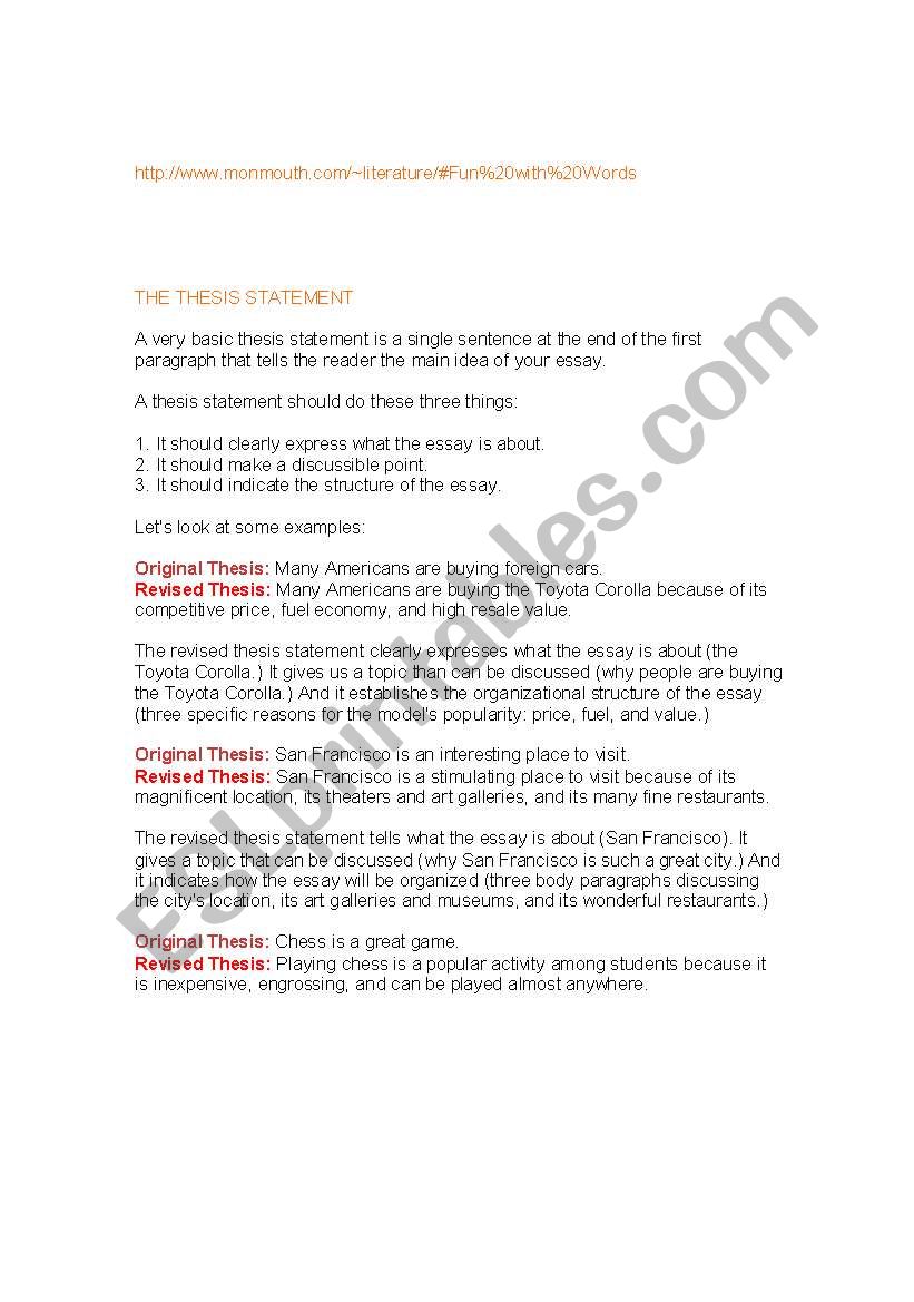 Thesis Statement  worksheet