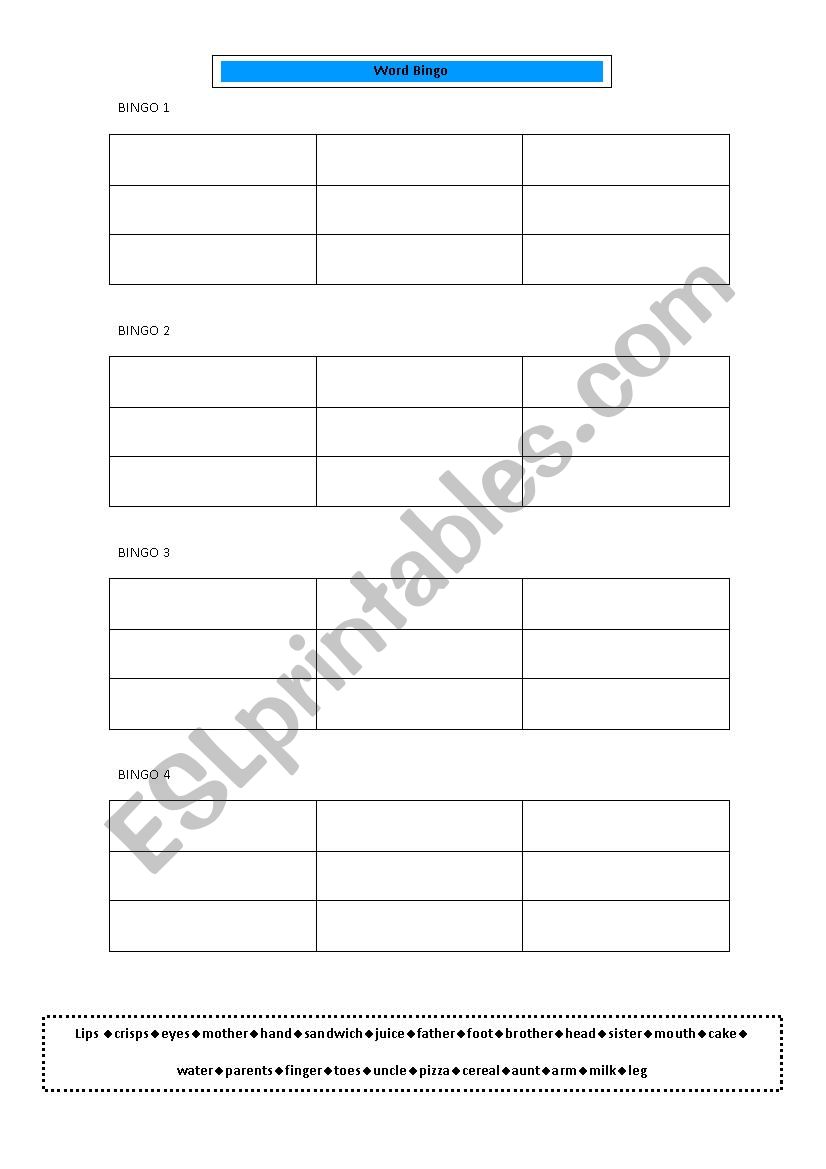 Bingo worksheet