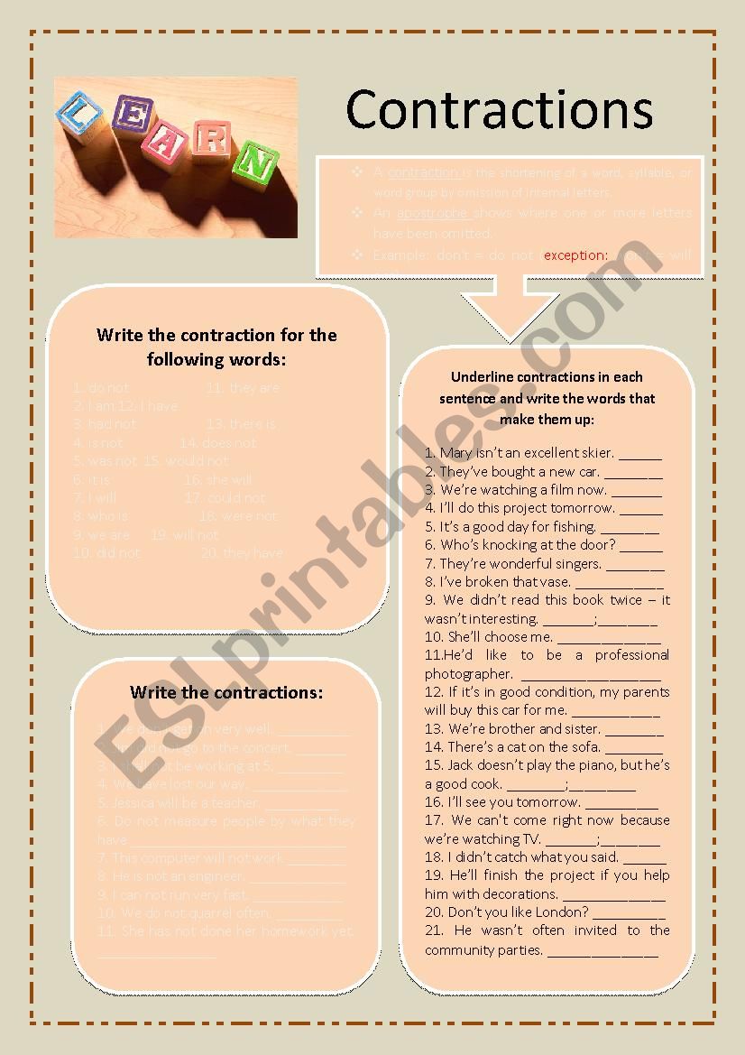 Contractions worksheet