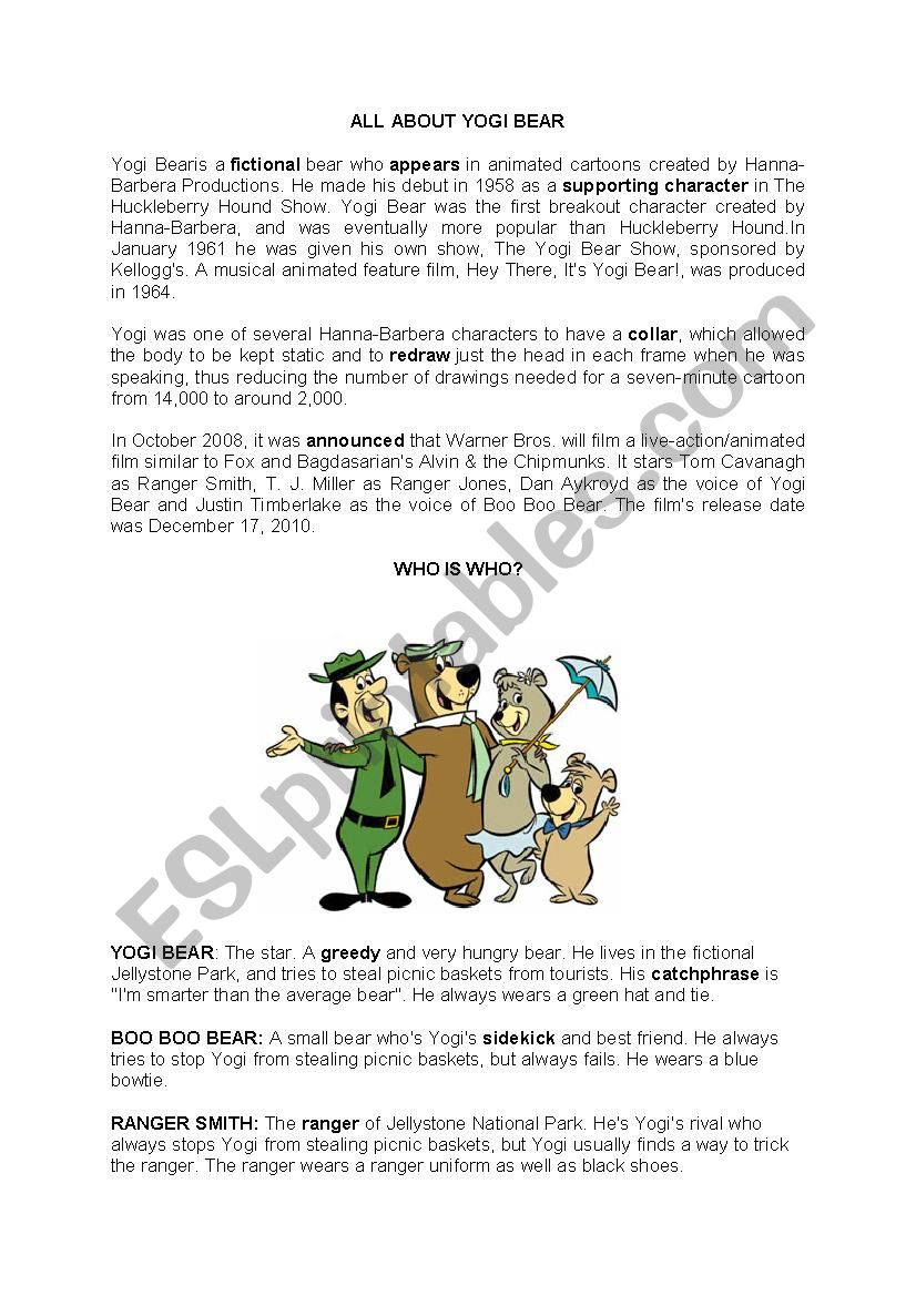 Yogi Bear worksheet