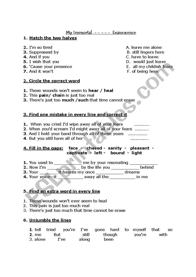 Song worksheet worksheet