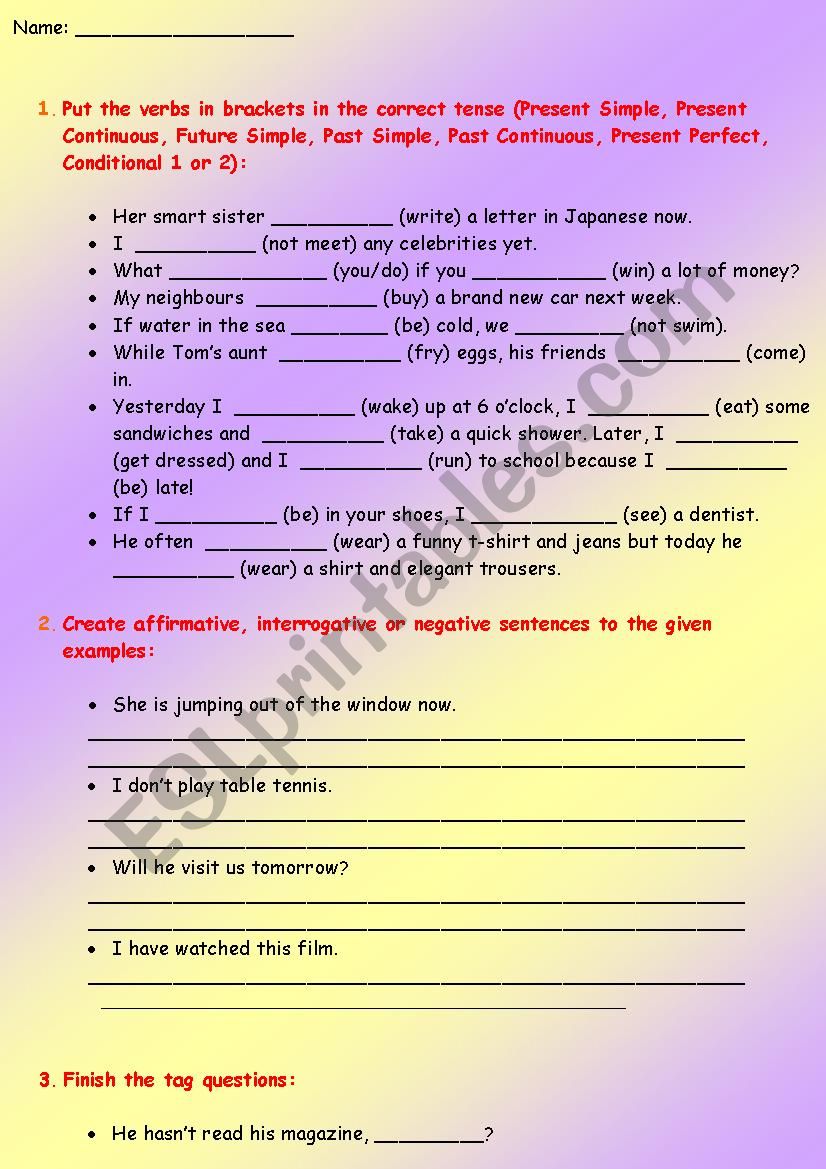 grammar test worksheet