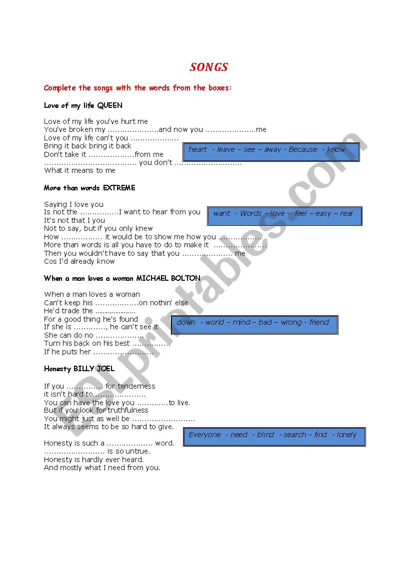 SONGS worksheet