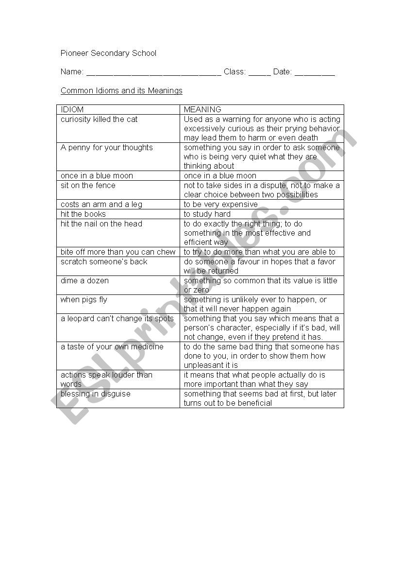 Learning Common Idioms worksheet