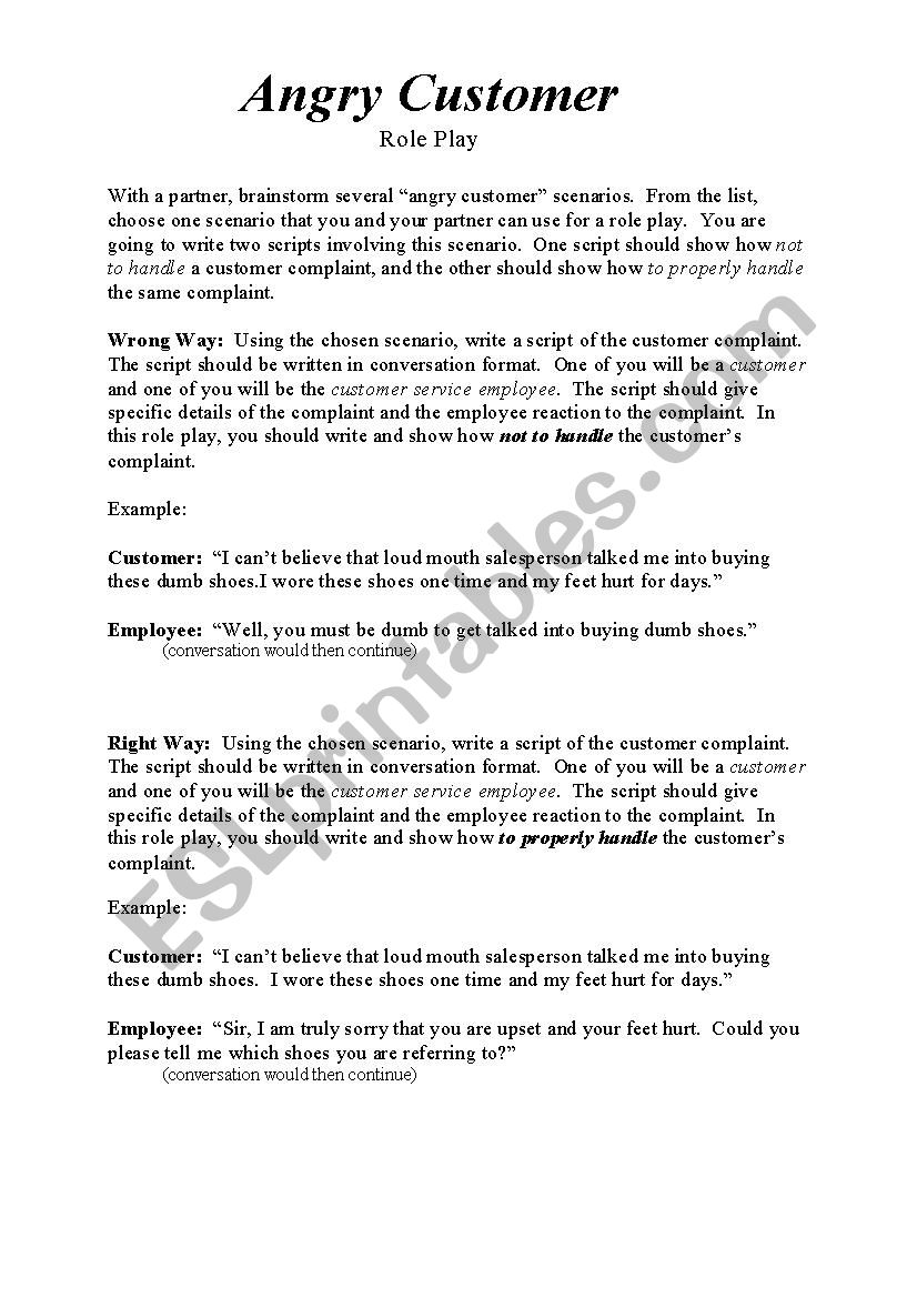 Angry customer role play worksheet