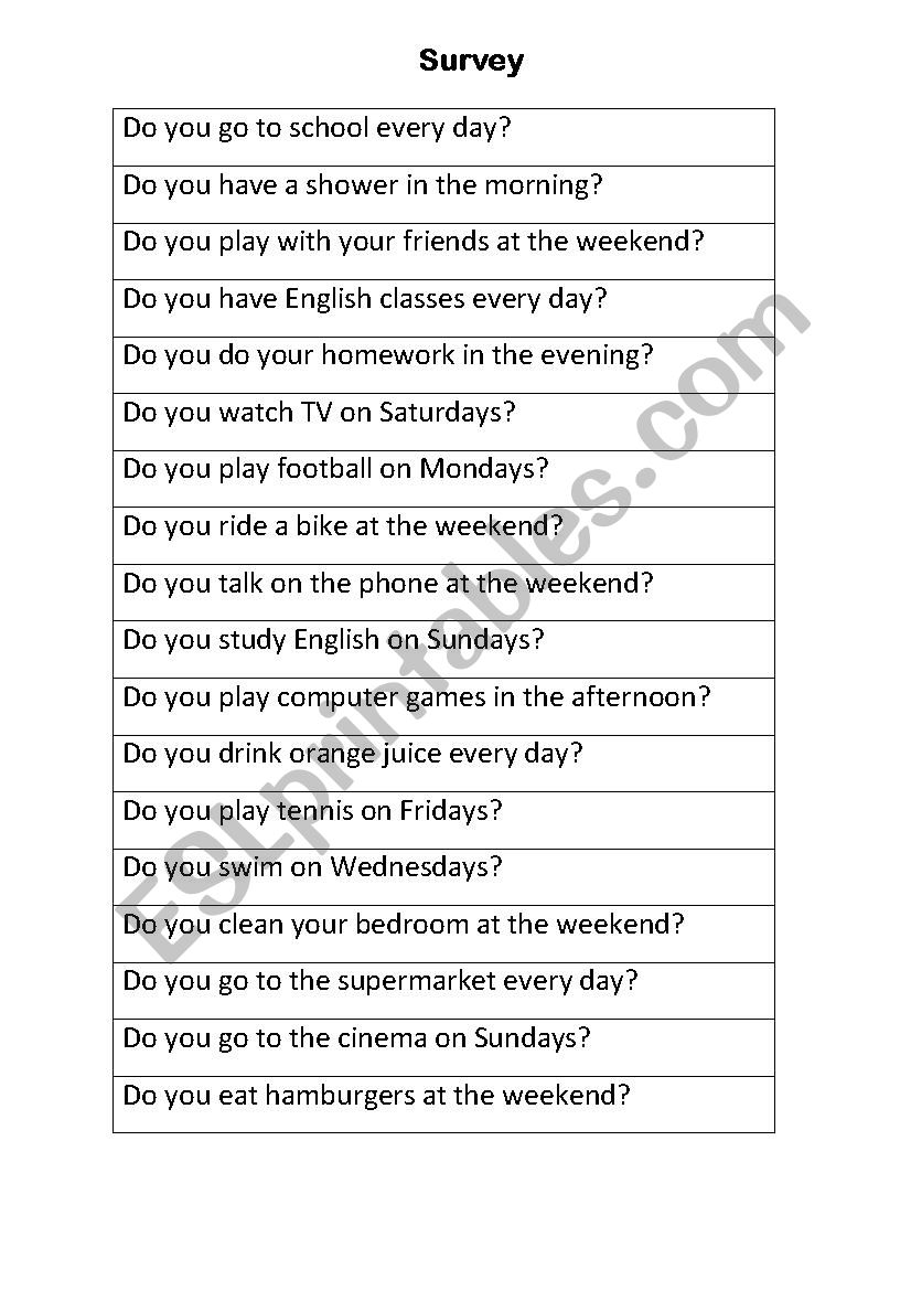 Class Survey worksheet