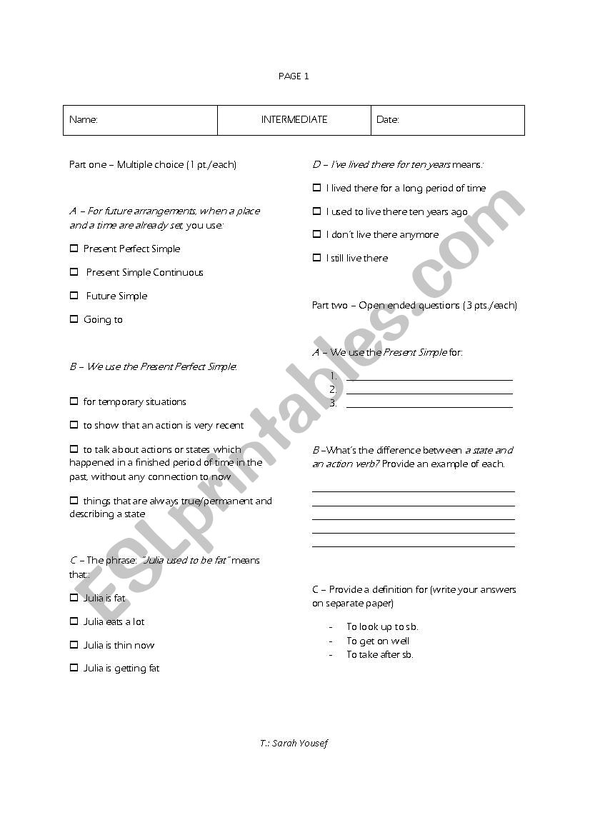 test intermediate niveau worksheet