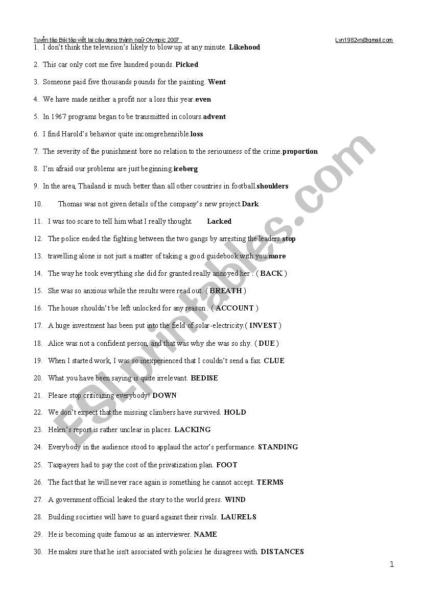 Sentence transformation 1 worksheet