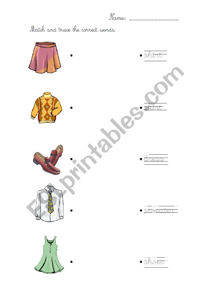 Clothes matching worksheet