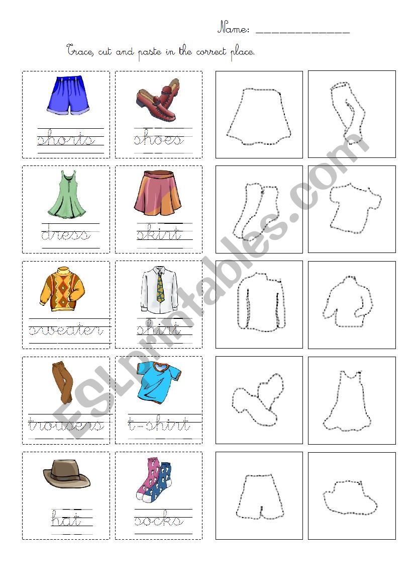 Trace cut and paste clothes worksheet