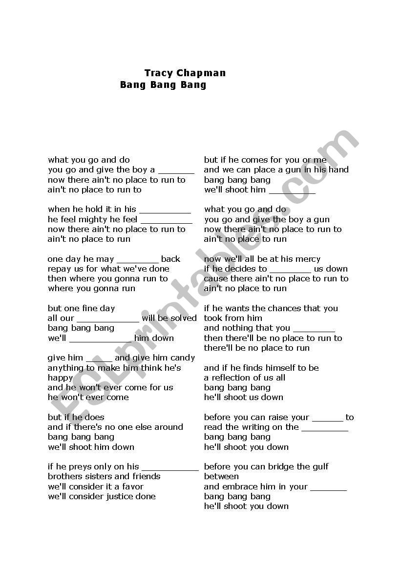 Tracy Chapman Bang Bang Bang worksheet