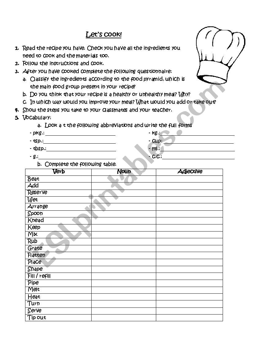 Lets cook! worksheet