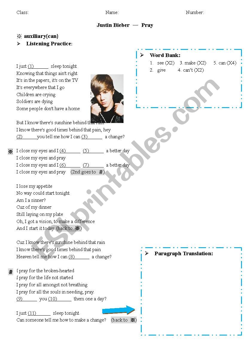 Song -- Pray by a Justin Beiber (auxiliary:can)