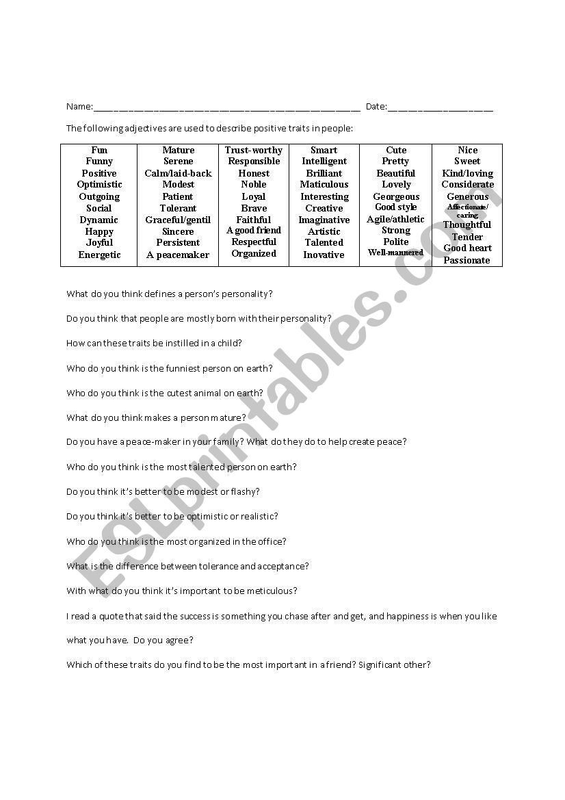 Positive Personality Trait Adjectives