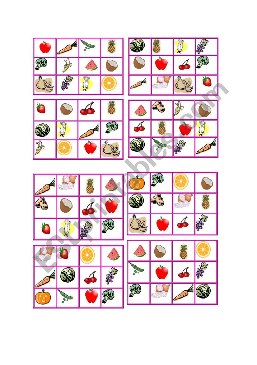 Bingo vegetables and fruits worksheet