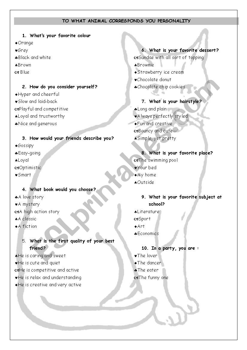 personality test : what animal are you ? - ESL worksheet by thanksforall