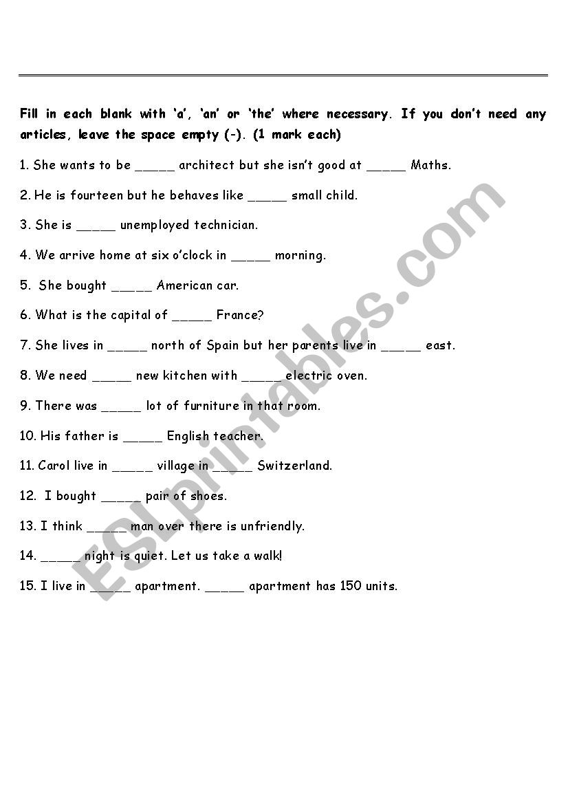 Articles worksheet