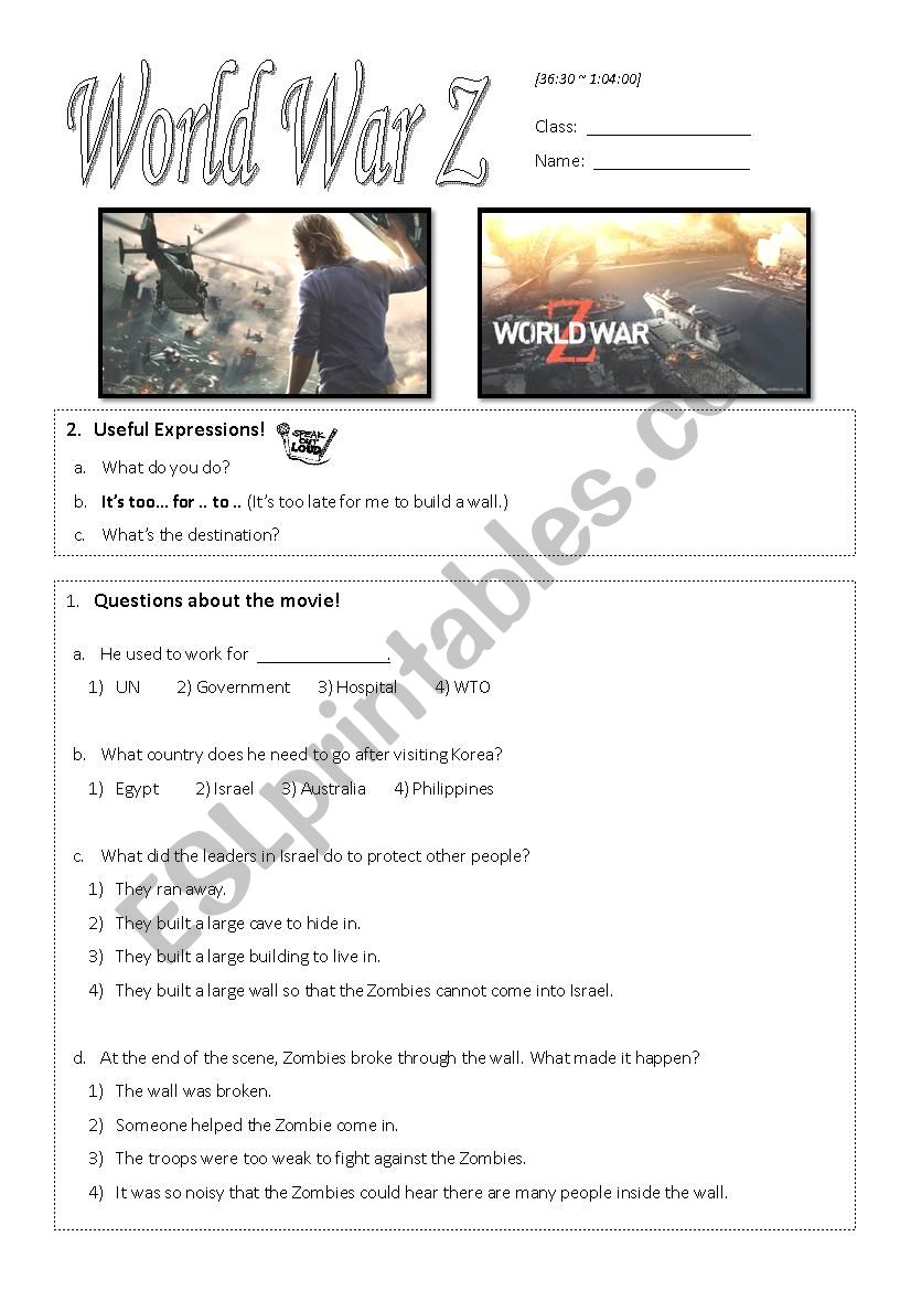 World War Z worksheet 2 worksheet