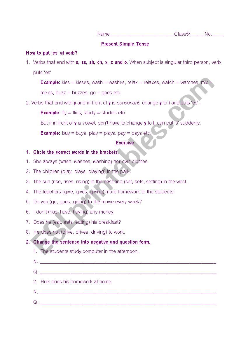 Present Simple Tense 2 worksheet