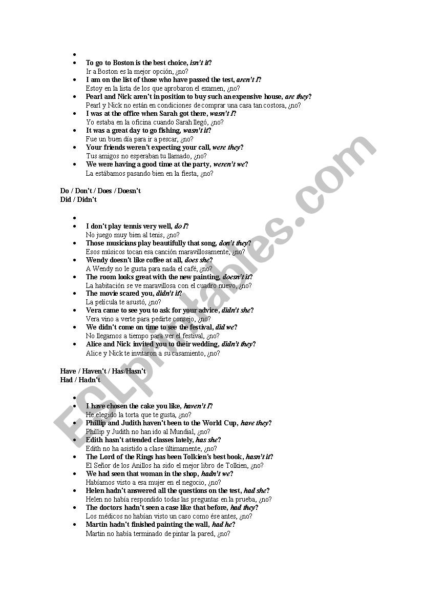 tag questions worksheet