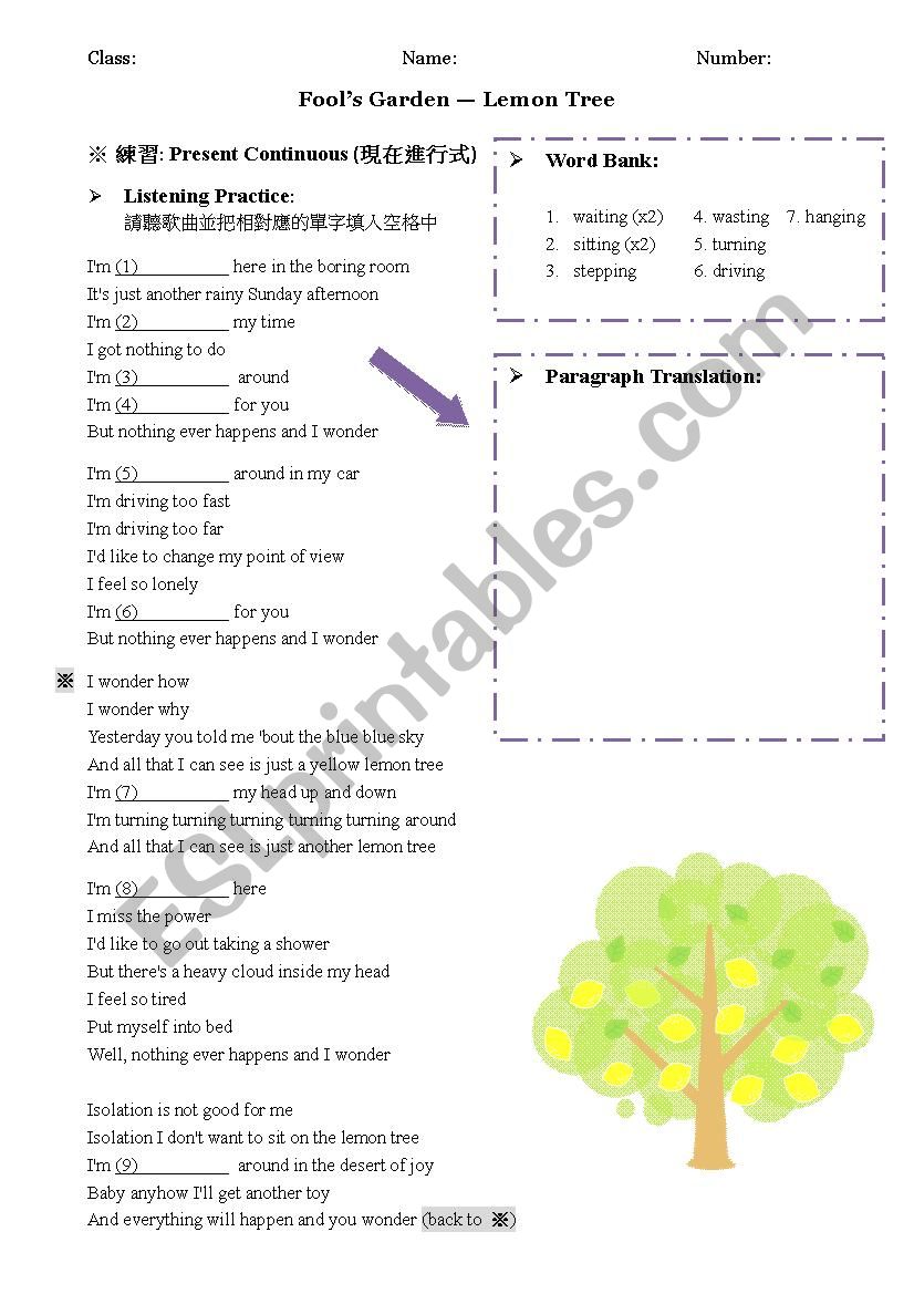 Song -- Lemon Tree by a Fools Garden (Present Continuous )