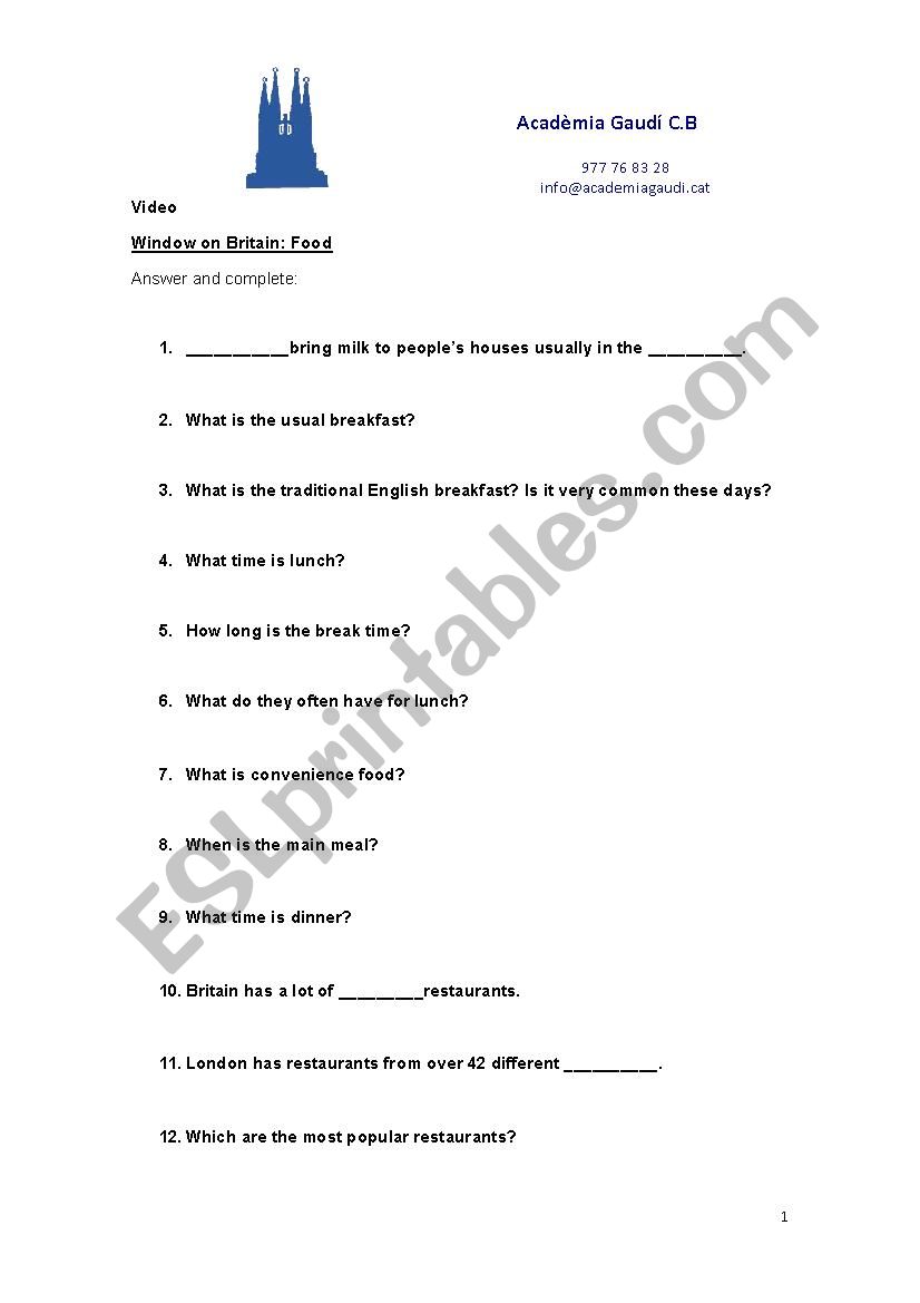 window on britain food worksheet