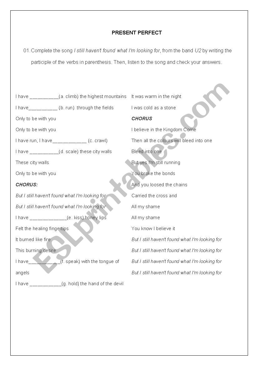 song worksheet present perfect