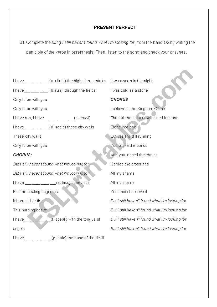 PRESENT PERFECT IN SONGS worksheet