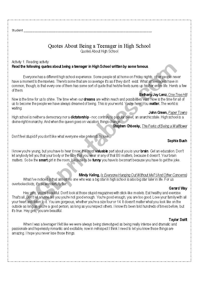 Teens comments about life in high schoo_ Reading and writing activity