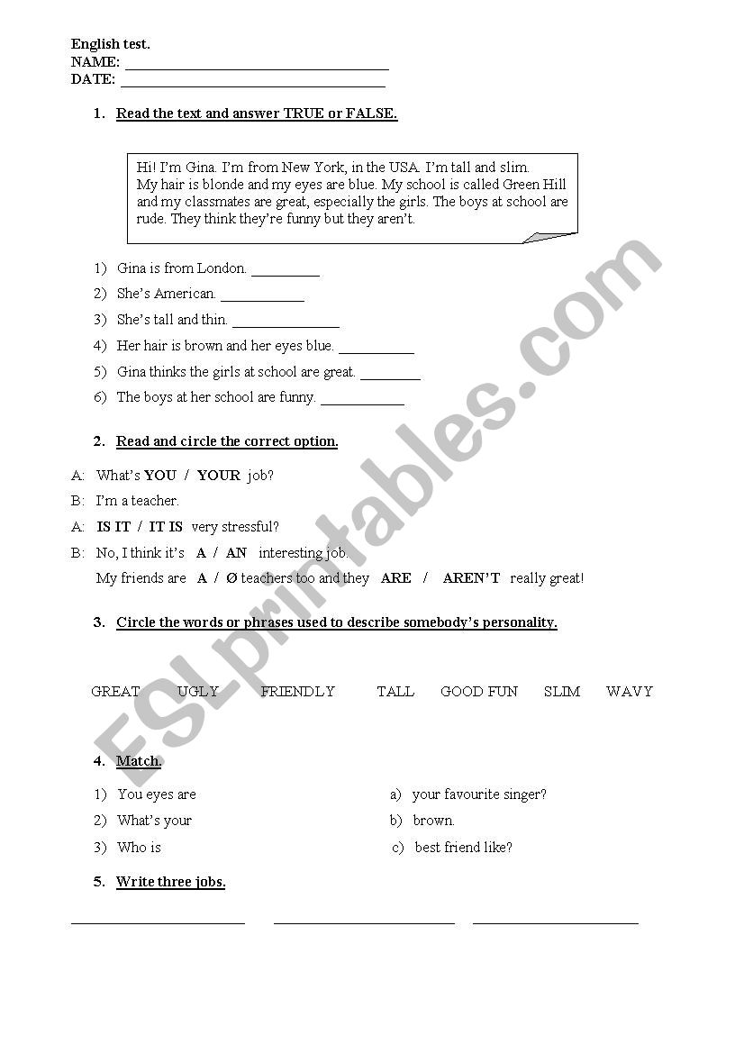 English test worksheet