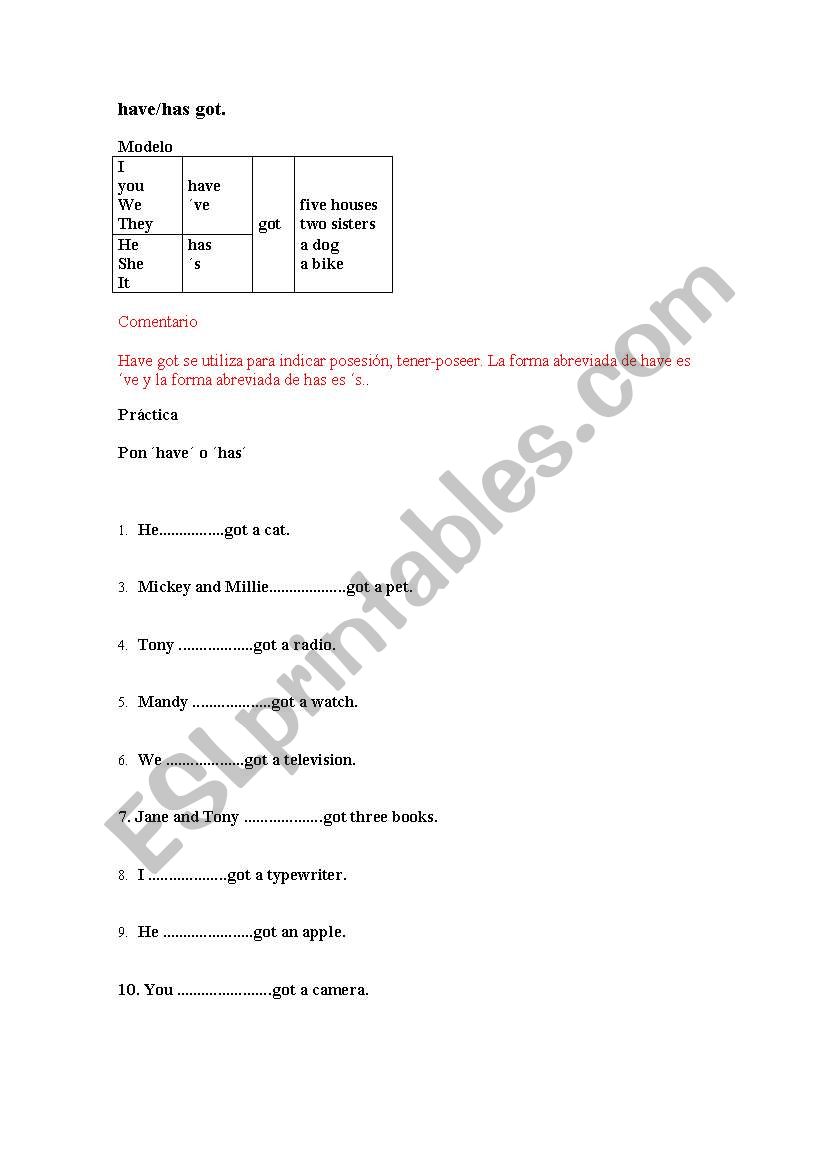 Have Got- Has Got worksheet