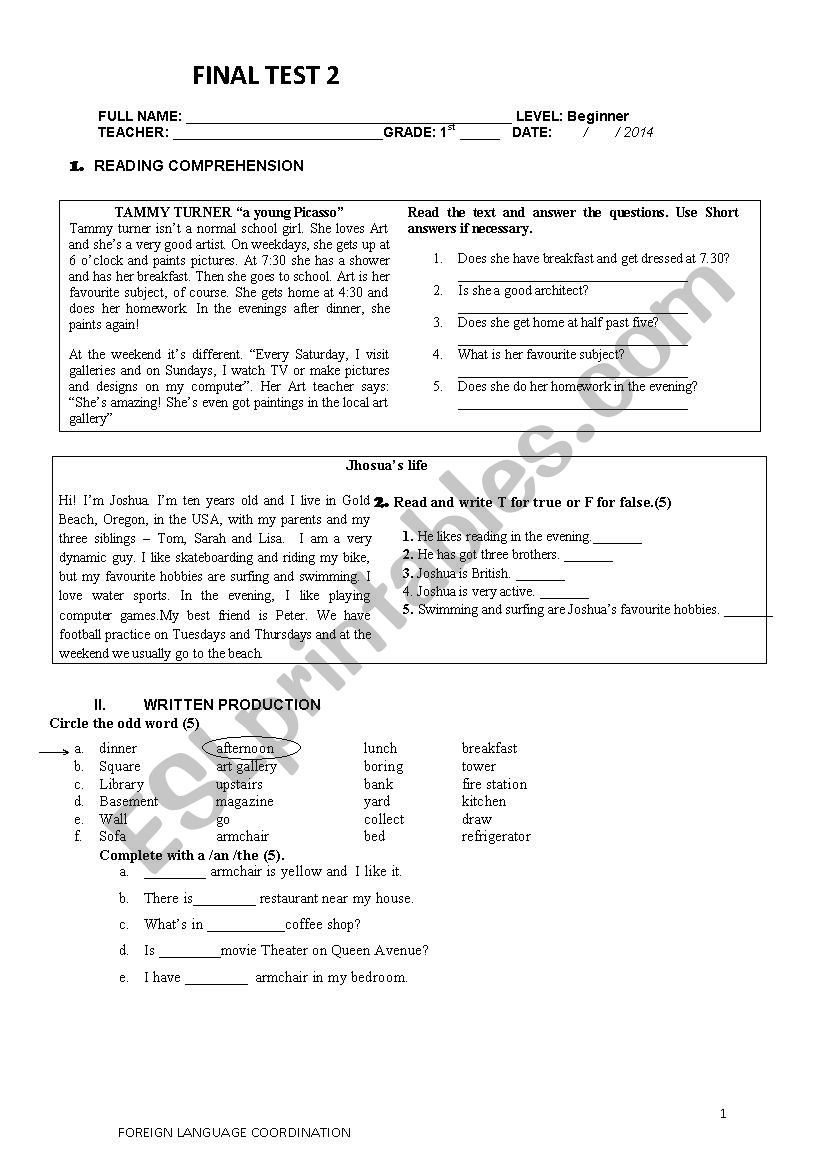 test for beginners worksheet