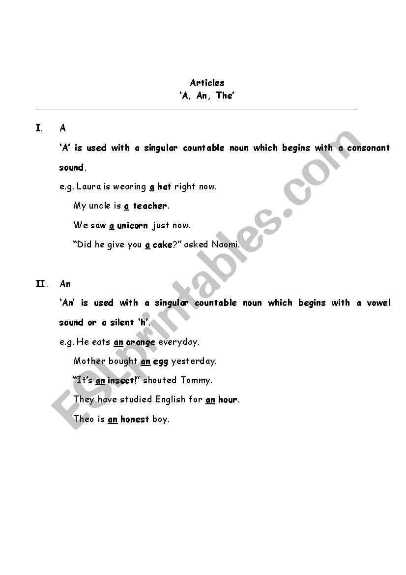 Articles worksheet