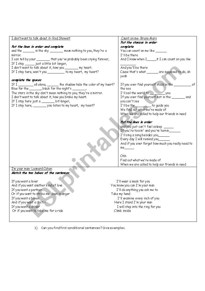 1st conditional songs worksheet