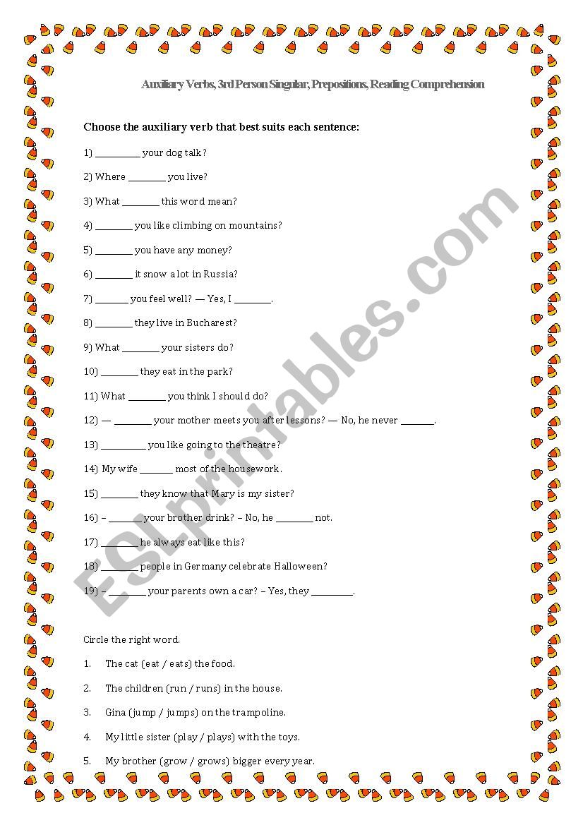 Auxiliary Verbs, 3rd Person Singular, Prepositions, Reading Comprehension