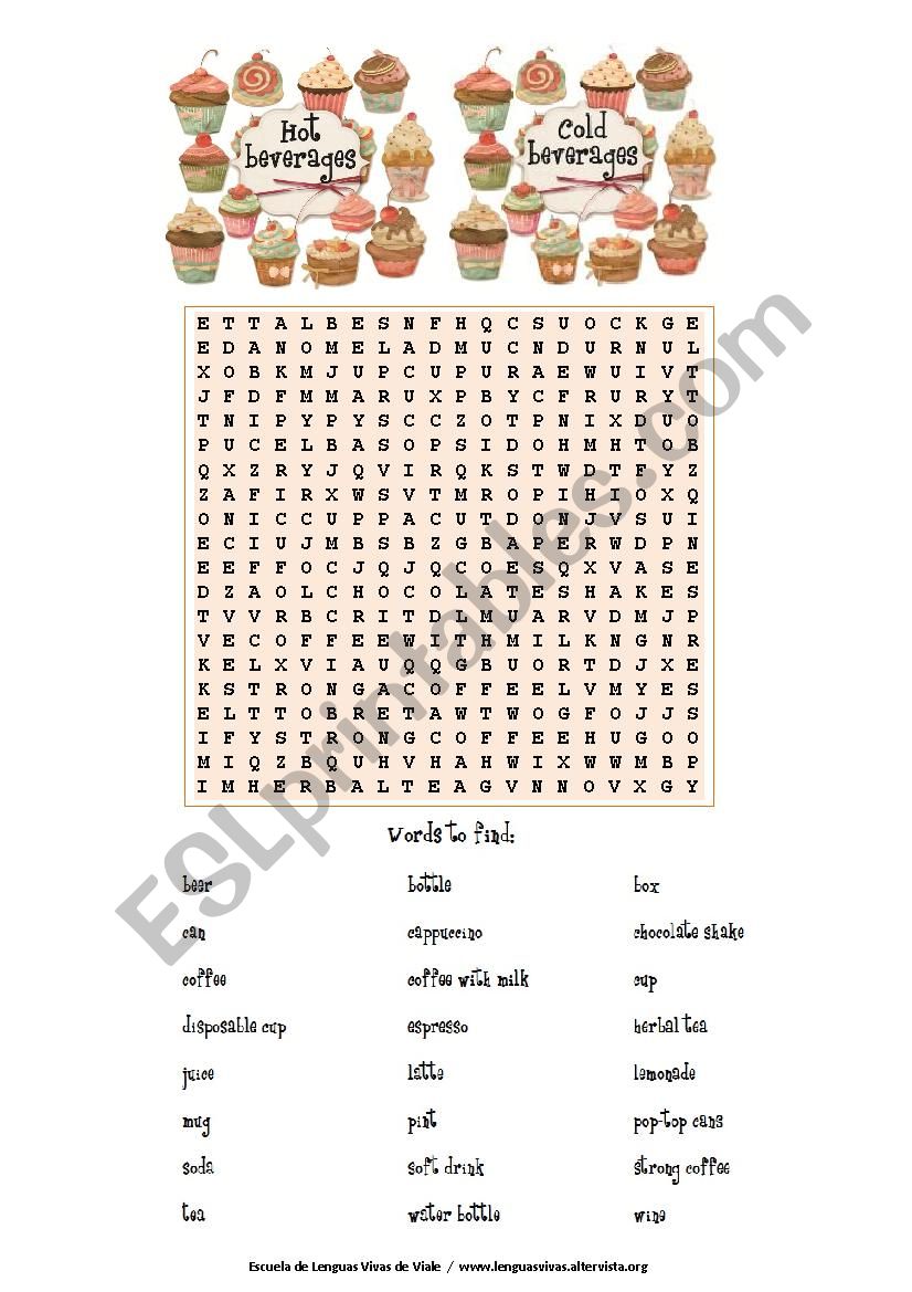 Hot and cold beverages word search