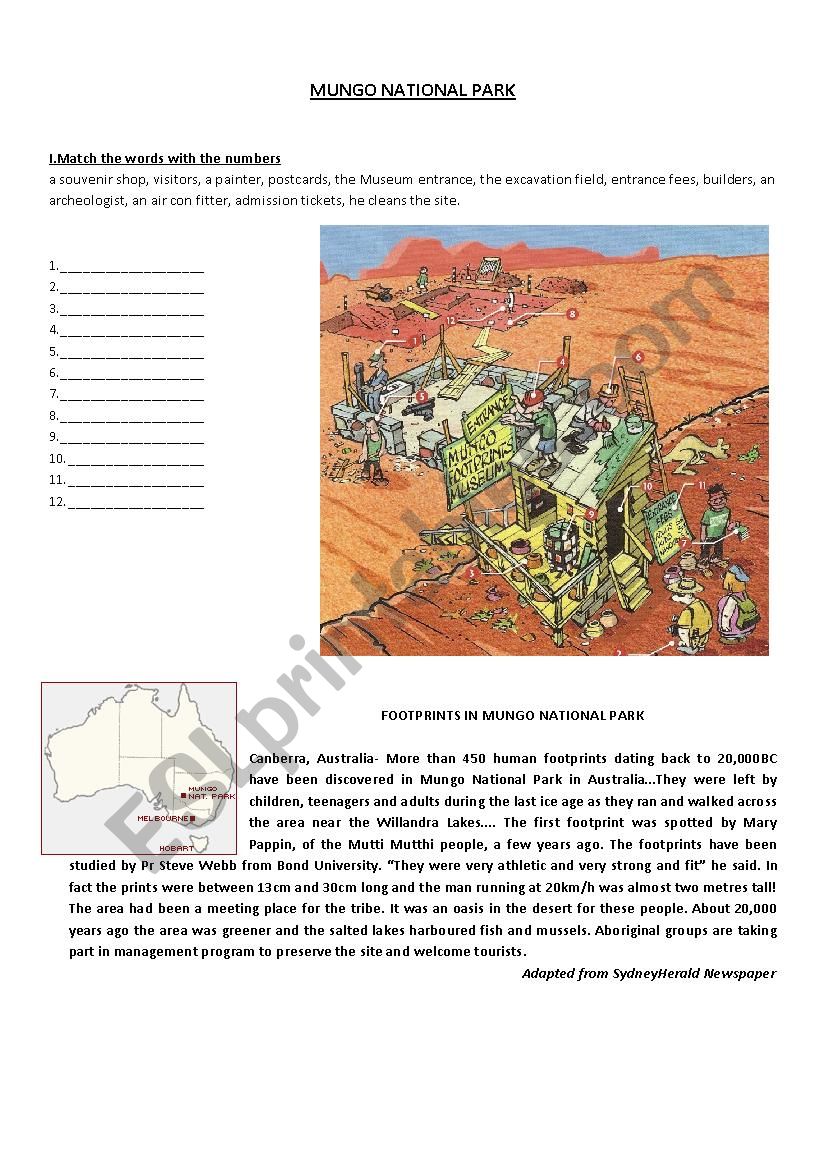 Australia Mungo national park worksheet