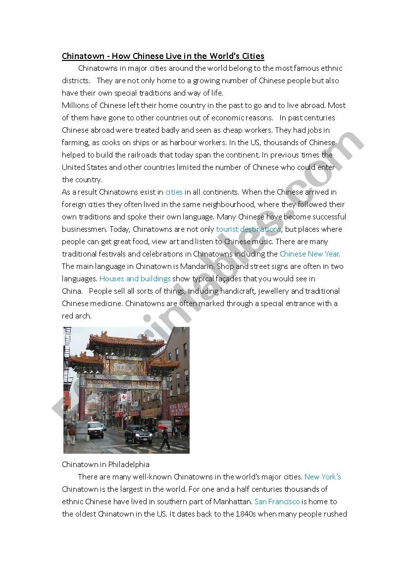 Reading and oral/ writing excercise: Chinatown - How Chinese Live in the Worlds Cities