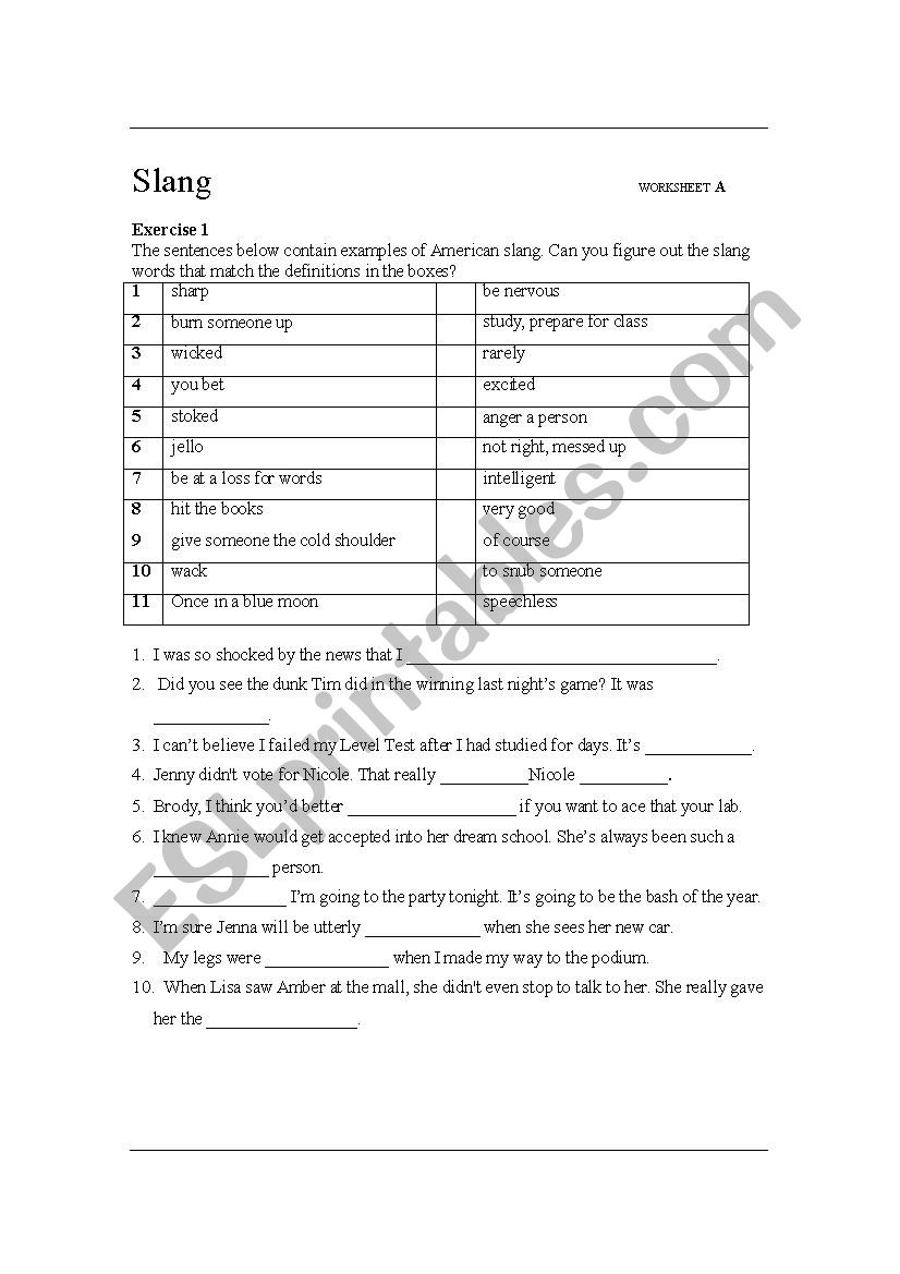 American Slang /Dialogue Worksheet