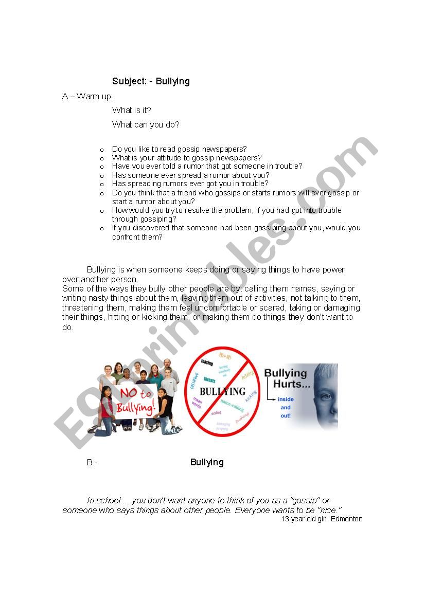 Bullying worksheet