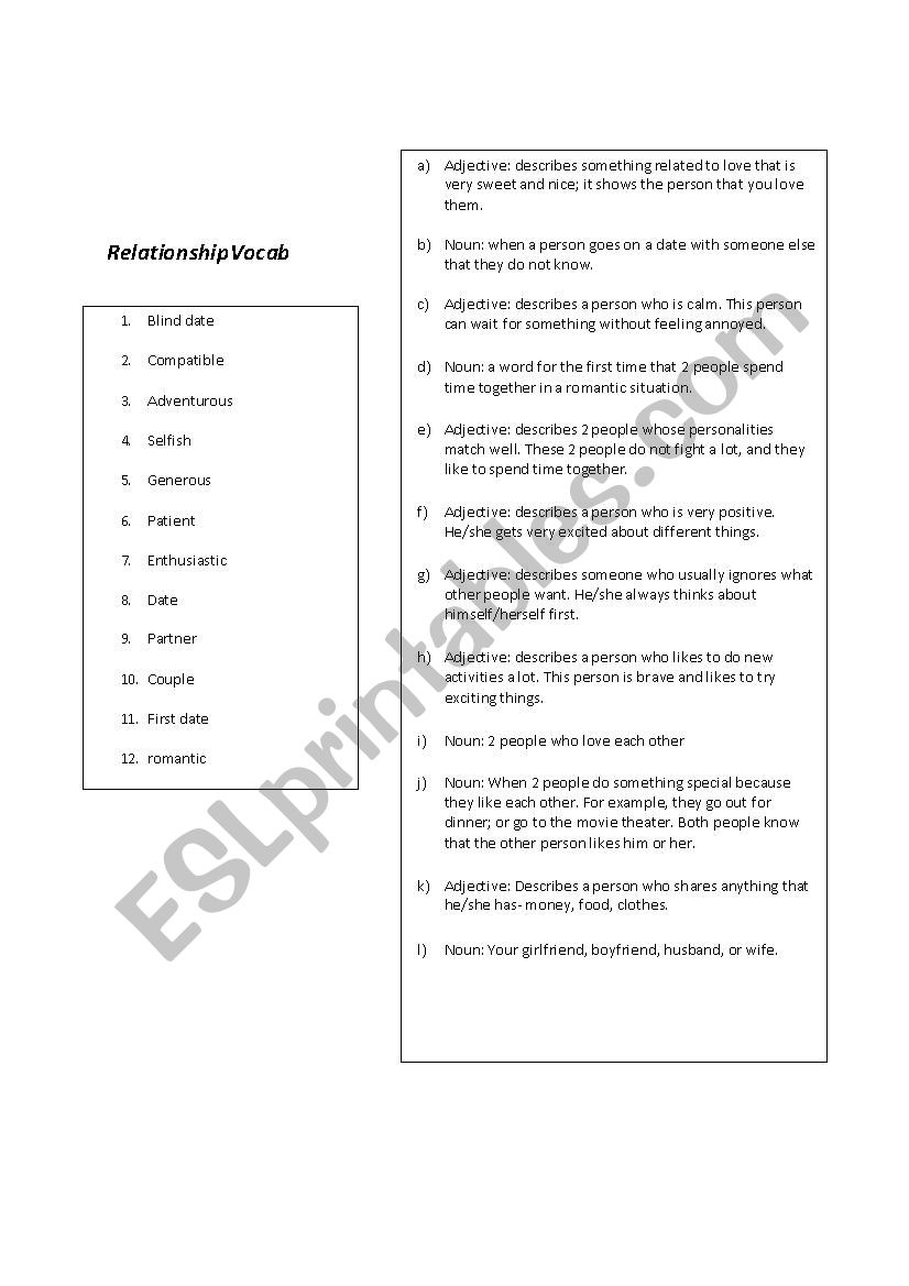 Relationship vocabulary match worksheet