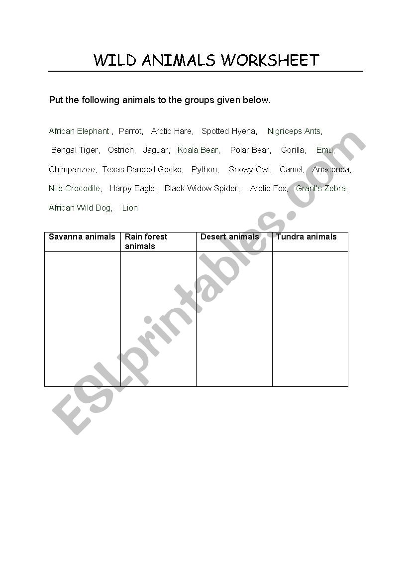 WILD ANIMALS worksheet