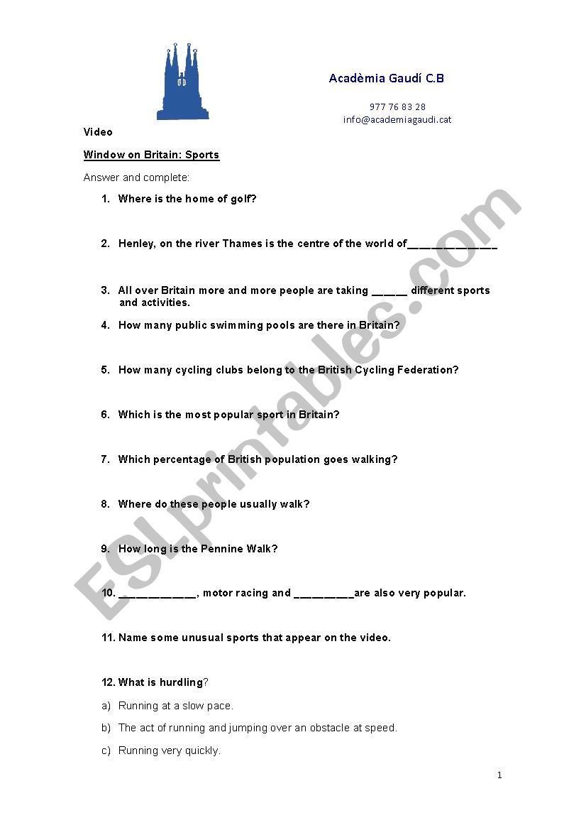 window on britain sport worksheet