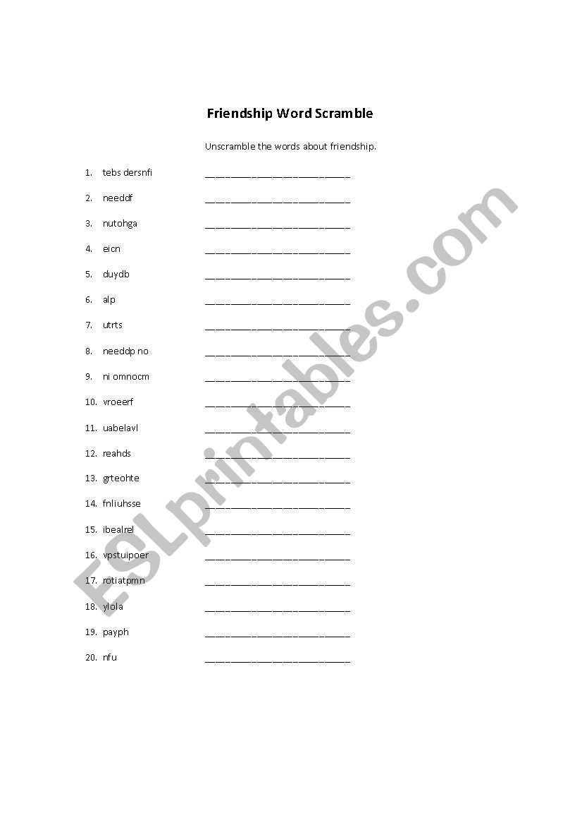 Friendship Word Scramble worksheet