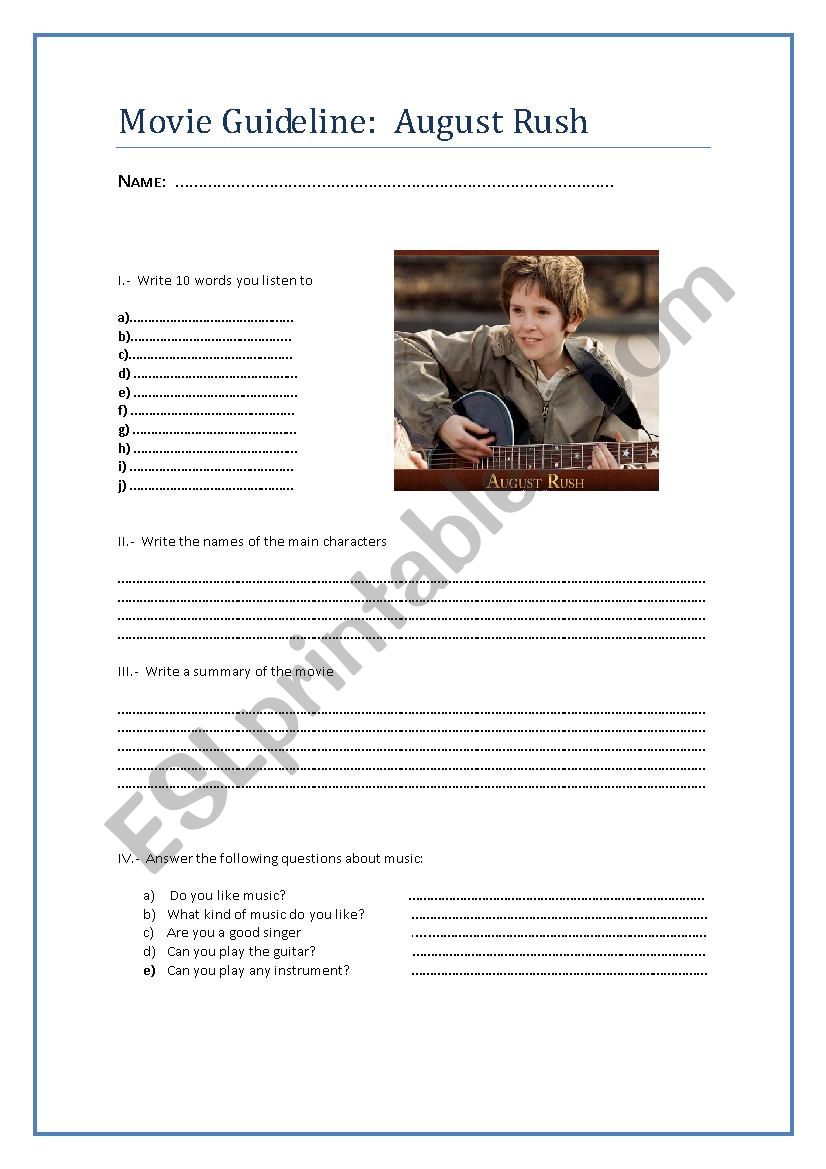 August Rush movie guideline worksheet