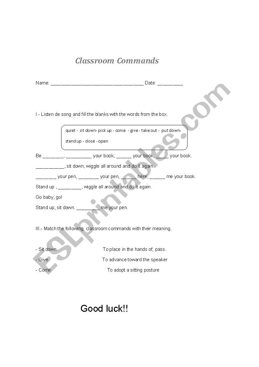 Classroom Commands worksheet