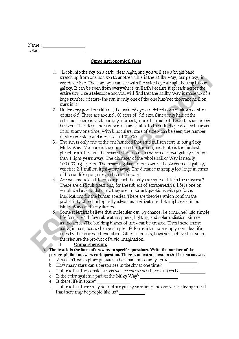 astronomical facts worksheet