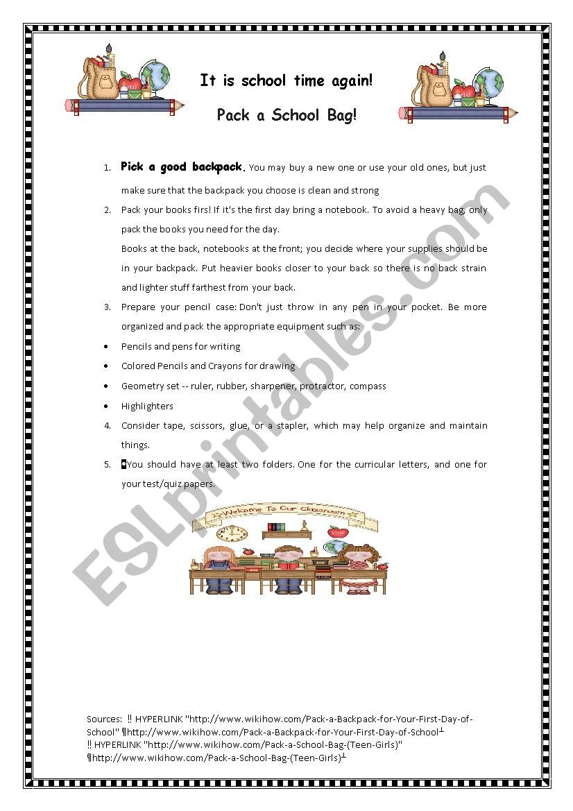 Pack a School Bag worksheet