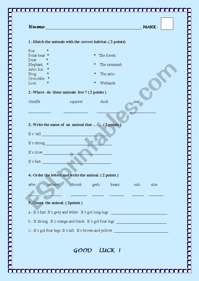    ANIMALS   TEST    2 worksheet