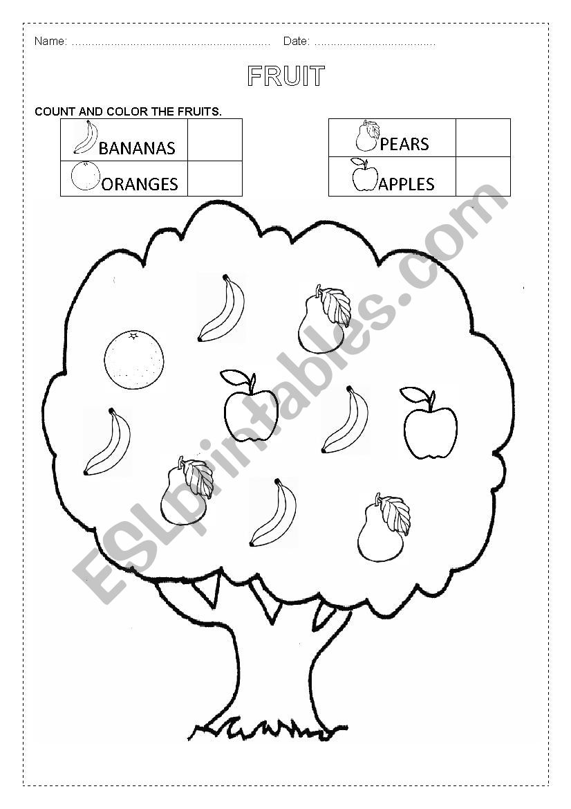 COUNT AND COLOR THE FRUIT worksheet